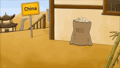 Ein Sack Reis fällt um in China